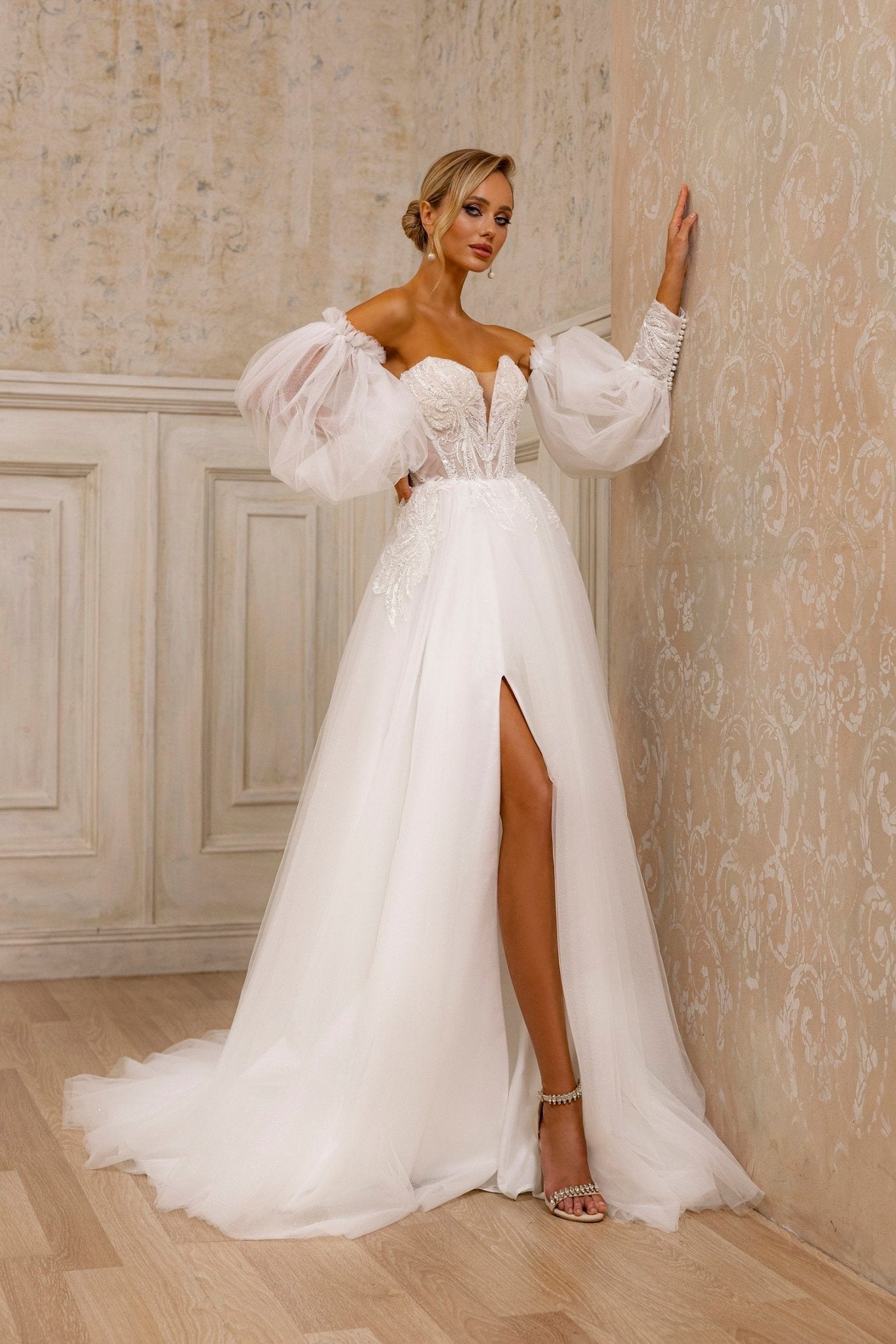 Off-Shoulder Lace Corset Wedding Dress | Low Back Gown with Thigh-High Slit - WonderlandByLilian