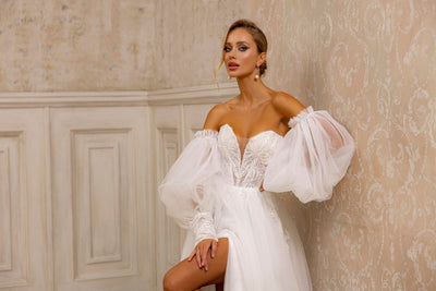 Off-Shoulder Lace Corset Wedding Dress | Low Back Gown with Thigh-High Slit - WonderlandByLilian