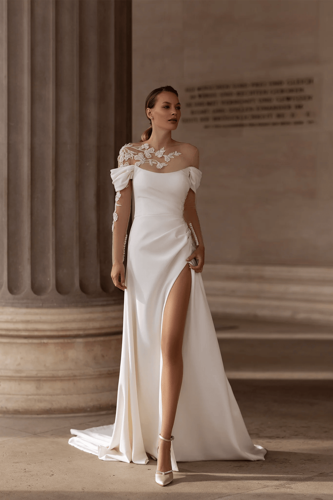 Off Shoulder Satin Wedding Dress with Optional Long Sleeves – Draped Bridal Gown with Lace Detail and Side Slit Plus Size - WonderlandByLilian