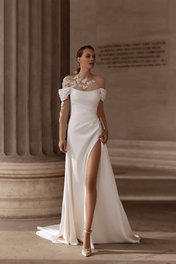 Off Shoulder Satin Wedding Dress with Optional Long Sleeves – Draped Bridal Gown with Lace Detail and Side Slit Plus Size - WonderlandByLilian