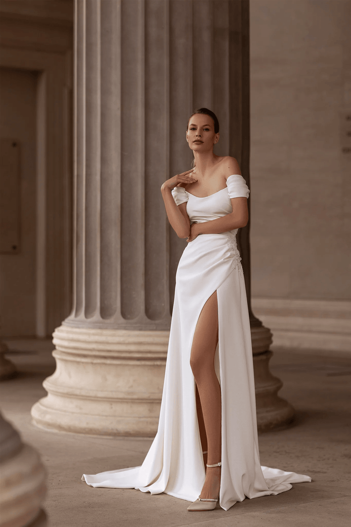 Off Shoulder Satin Wedding Dress with Optional Long Sleeves – Draped Bridal Gown with Lace Detail and Side Slit Plus Size - WonderlandByLilian