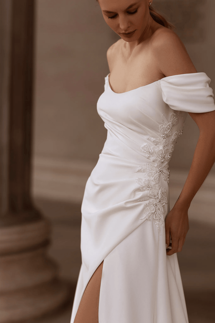 Off Shoulder Satin Wedding Dress with Optional Long Sleeves – Draped Bridal Gown with Lace Detail and Side Slit Plus Size - WonderlandByLilian