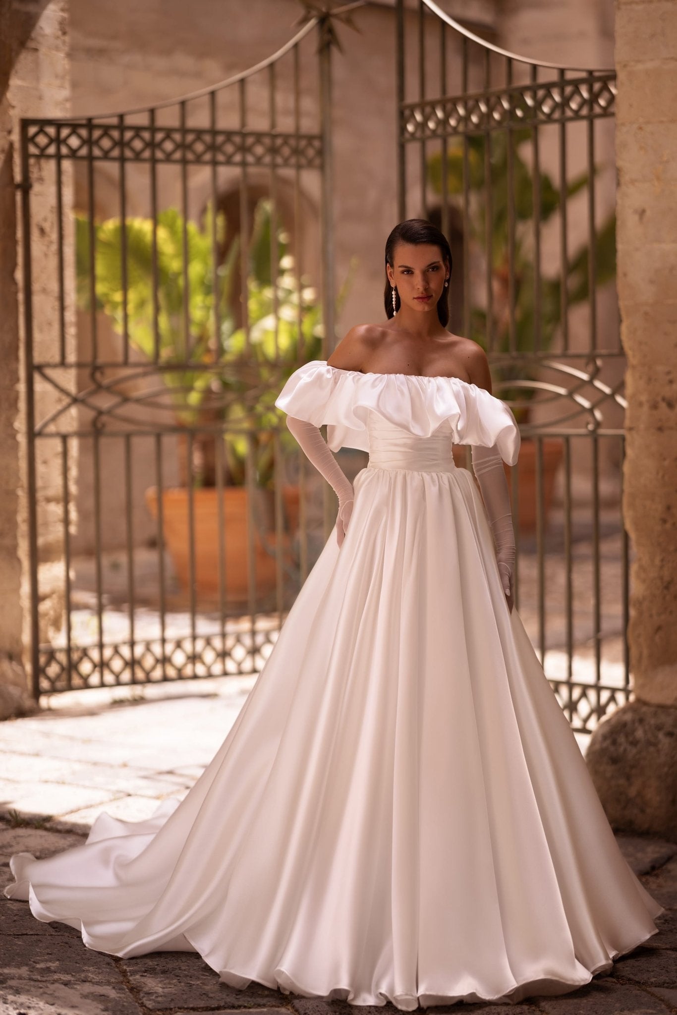 Off-Shoulder Satin Wedding Gown with Corset and Train, Plus Size White Bridal Dress - WonderlandByLilian