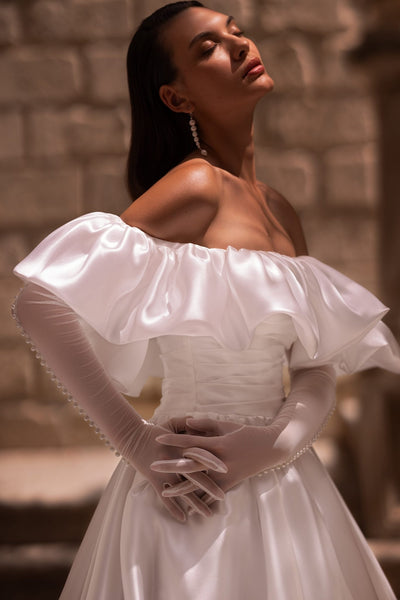 Off-Shoulder Satin Wedding Gown with Corset and Train, Plus Size White Bridal Dress - WonderlandByLilian