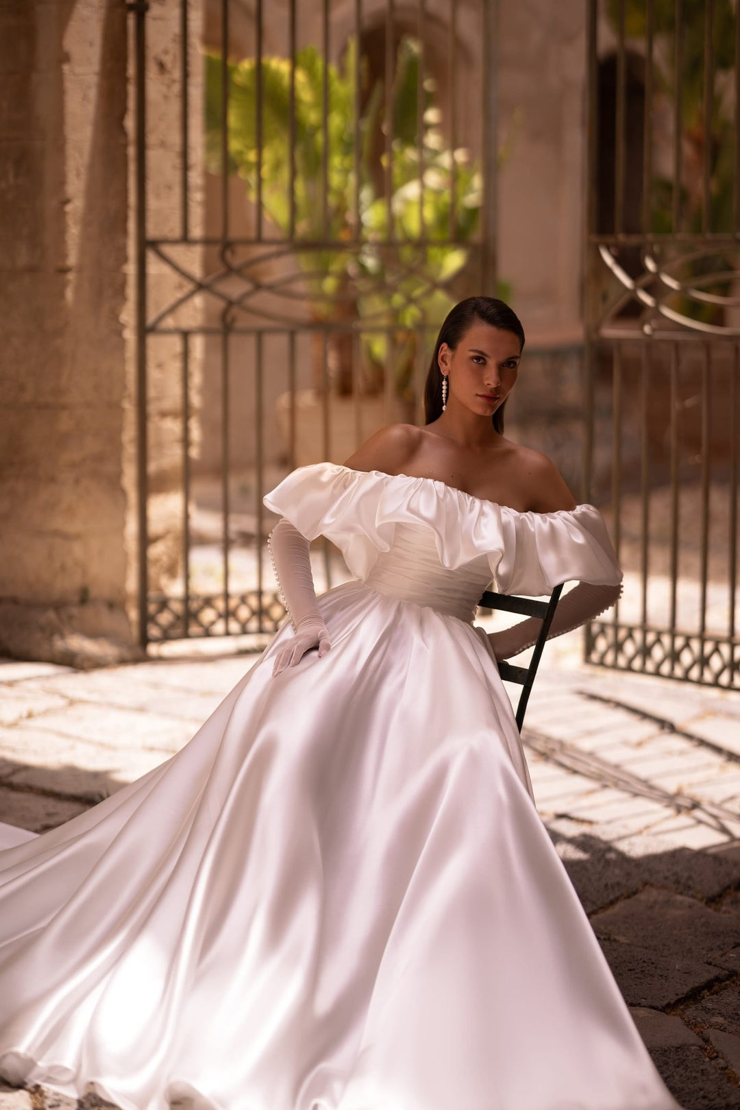 Off-Shoulder Satin Wedding Gown with Corset and Train, Plus Size White Bridal Dress - WonderlandByLilian