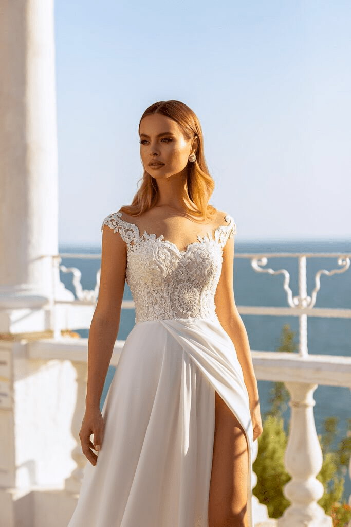 Off - Shoulder Sweetheart Neckline Wedding Dress - Aline Wedding Dress with High Slit - Lace Bodice Wedding Gown Plus Size - WonderlandByLilian