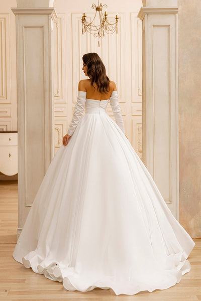 Off shoulder Timeless Satin Sweetheart A-Line Wedding Gown | Elegant Strapless Bridal Dress with Detachable Sleeves - WonderlandByLilian