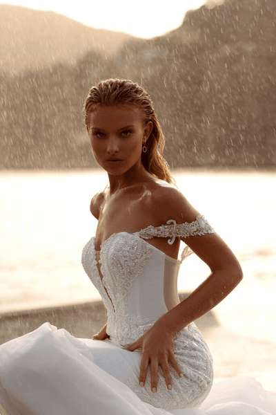 Off Shoulder Wedding Dress - Tulle Mermaid Wedding Gown - Lace Corset Back Wedding Dress Plus Size - WonderlandByLilian