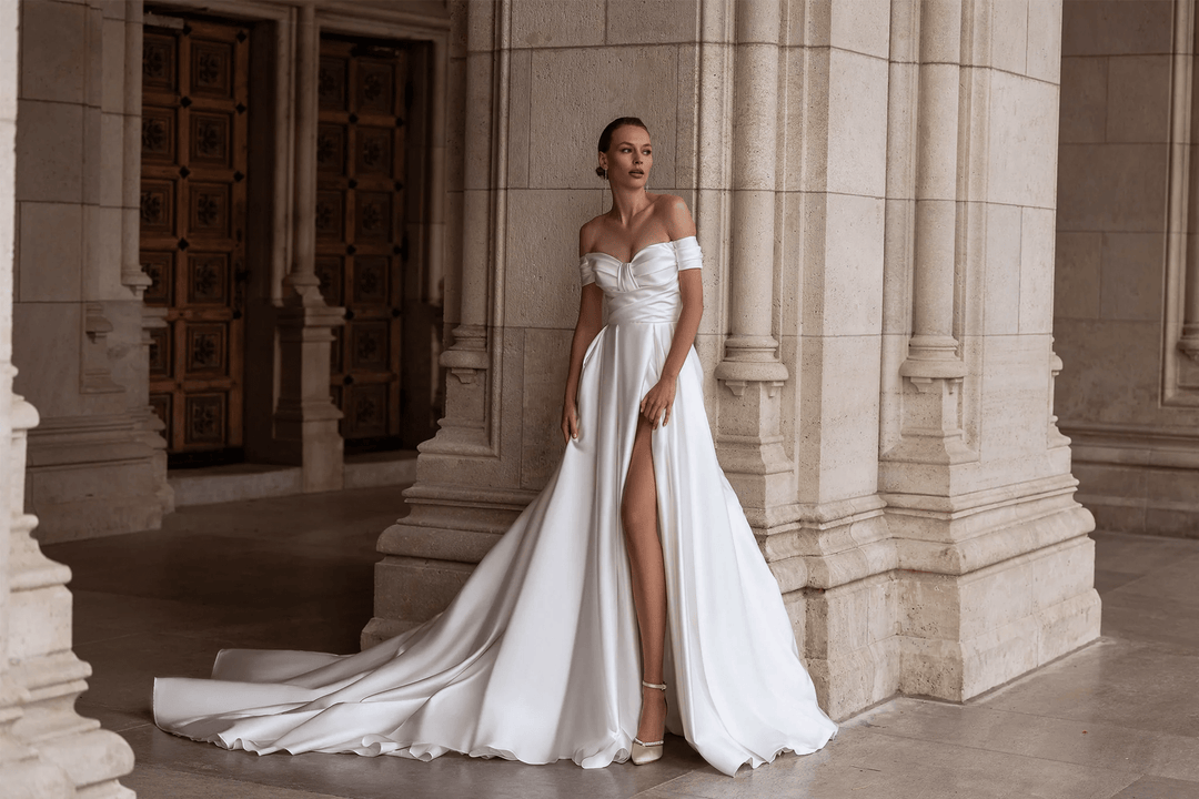 Off Shoulder Wedding Dress with Draped Bodice - Sweetheart Neckline Wedding Dress – Satin Wedding Dress with Romantic Aesthetic Plus Size - WonderlandByLilian