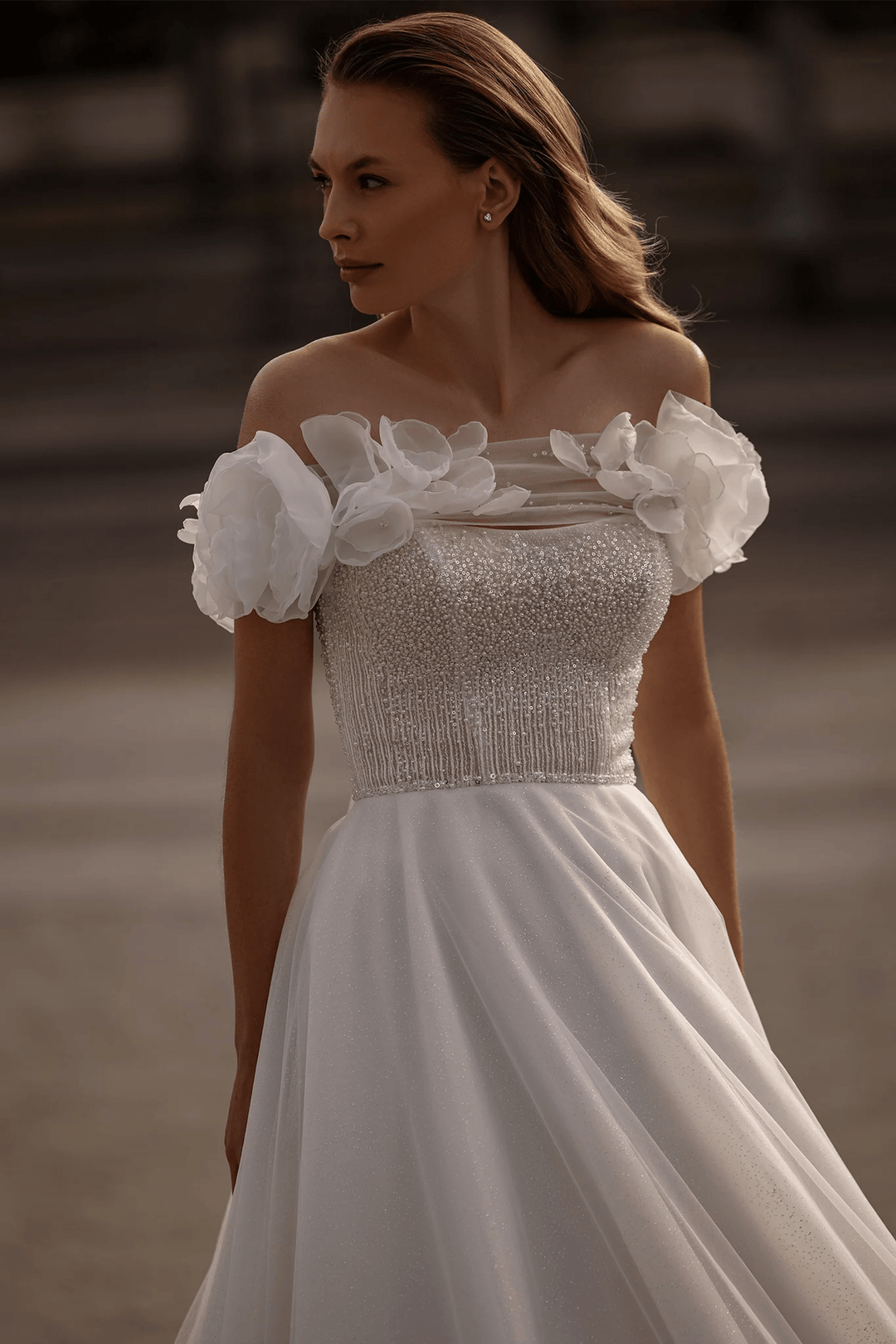 Off Shoulder Wedding Dress with Floral Sleeves – A - Line Tulle Wedding Gown with Pearl Trim and Peony Appliqué Plus Size - WonderlandByLilian
