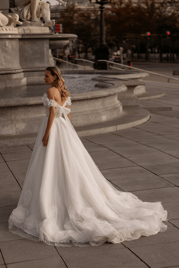 Off Shoulder Wedding Dress with Floral Sleeves – A - Line Tulle Wedding Gown with Pearl Trim and Peony Appliqué Plus Size - WonderlandByLilian