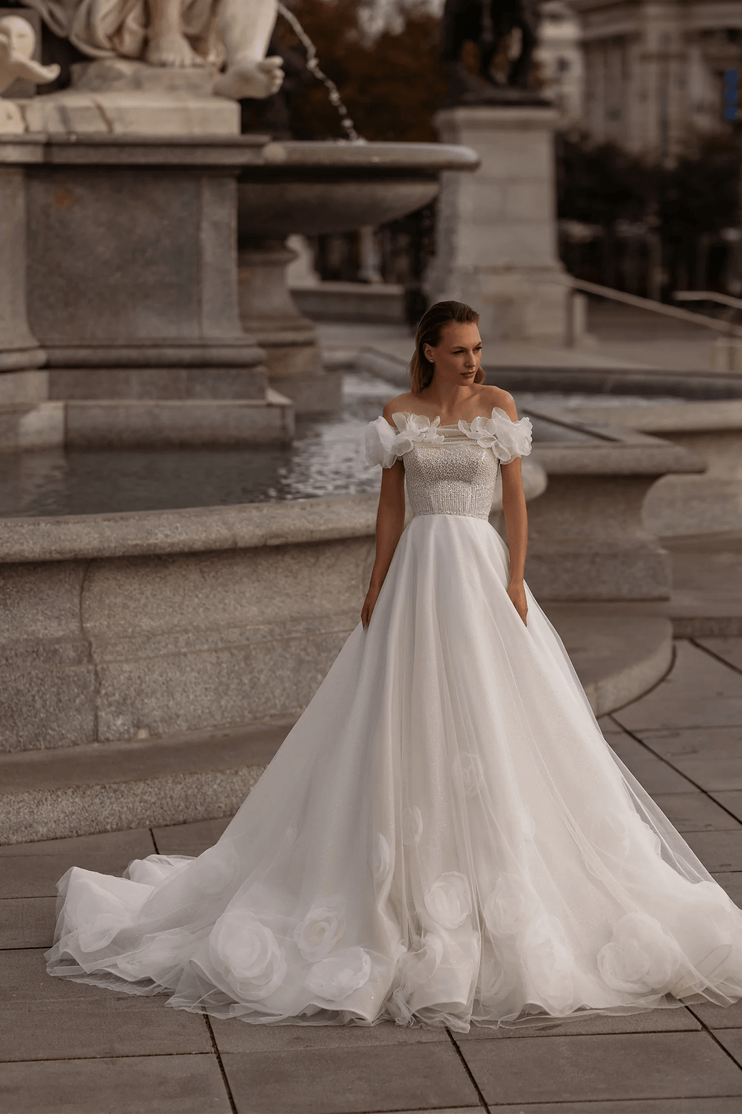 Off Shoulder Wedding Dress with Floral Sleeves – A - Line Tulle Wedding Gown with Pearl Trim and Peony Appliqué Plus Size - WonderlandByLilian