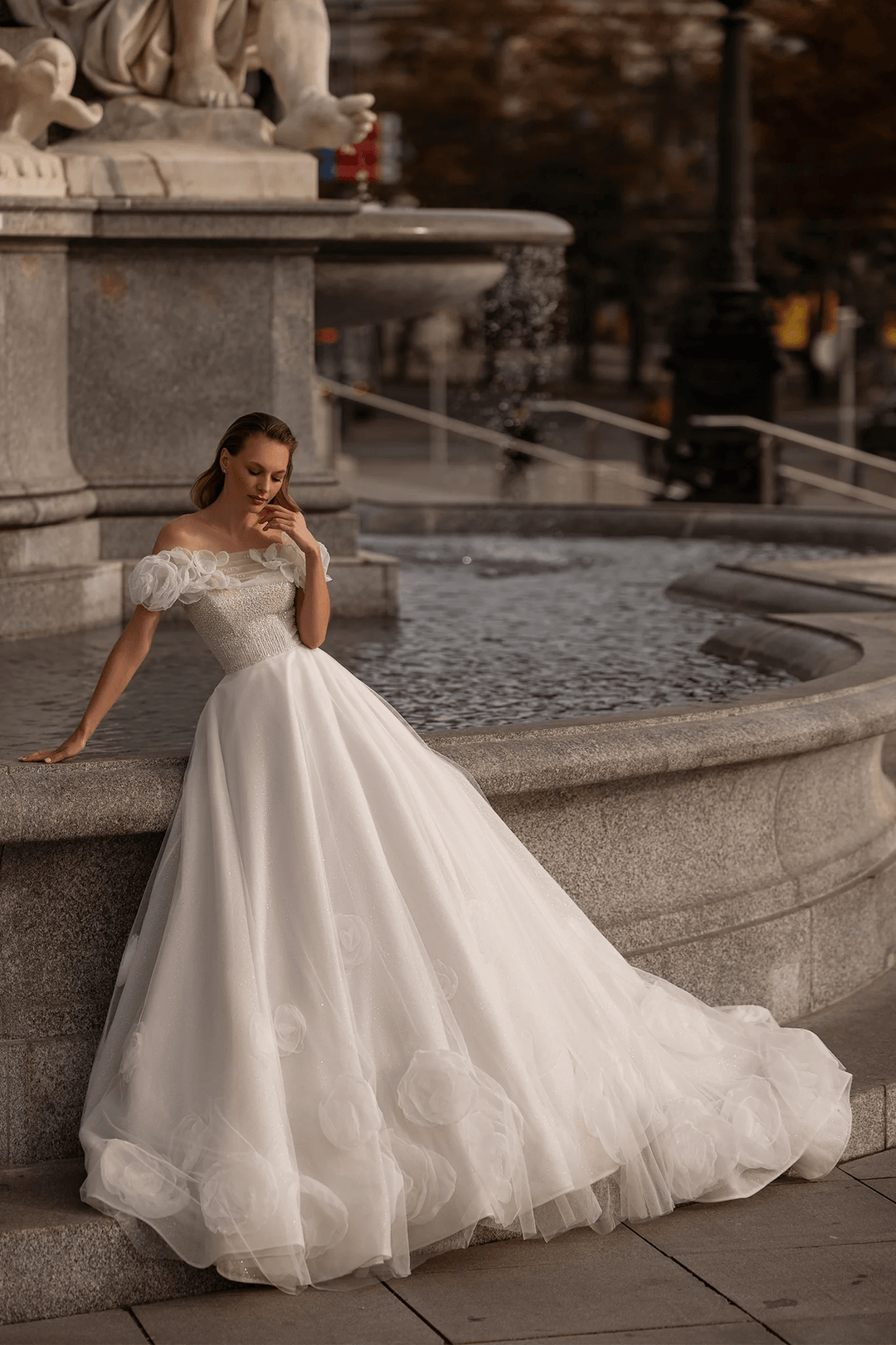 Off Shoulder Wedding Dress with Floral Sleeves – A - Line Tulle Wedding Gown with Pearl Trim and Peony Appliqué Plus Size - WonderlandByLilian