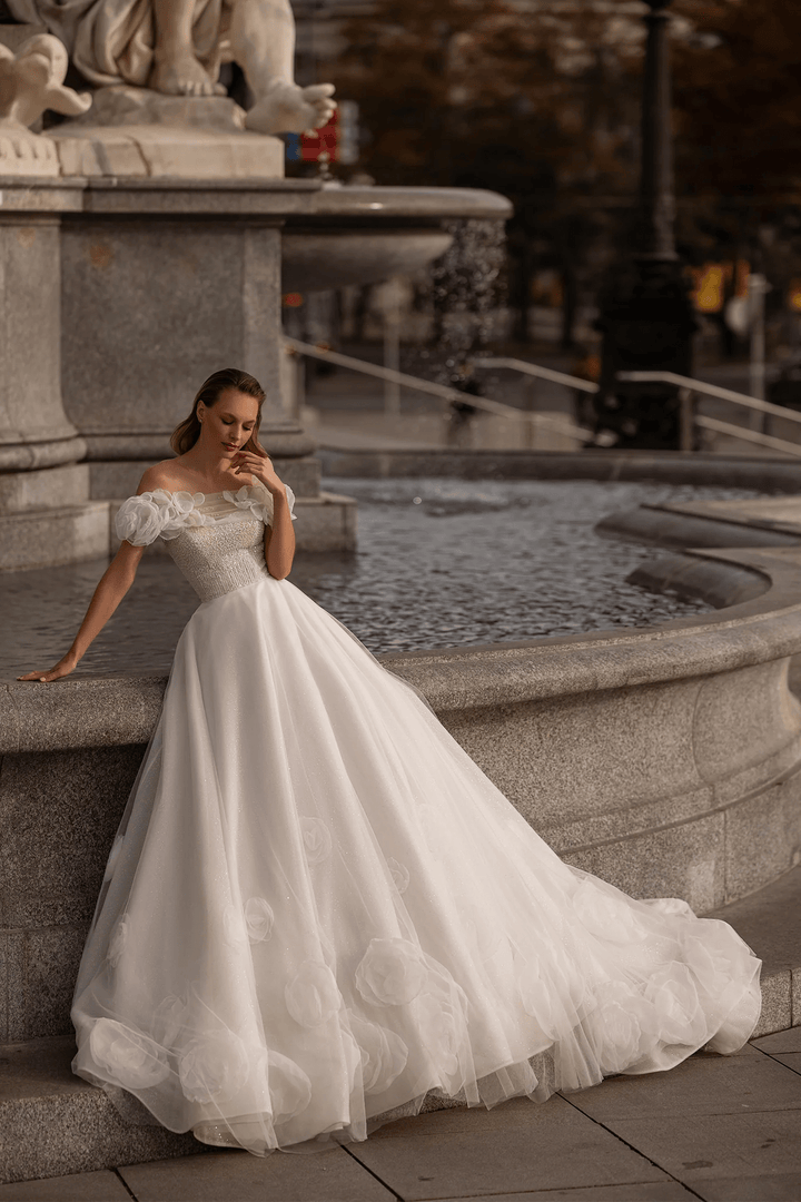 Off Shoulder Wedding Dress with Floral Sleeves – A - Line Tulle Wedding Gown with Pearl Trim and Peony Appliqué Plus Size - WonderlandByLilian