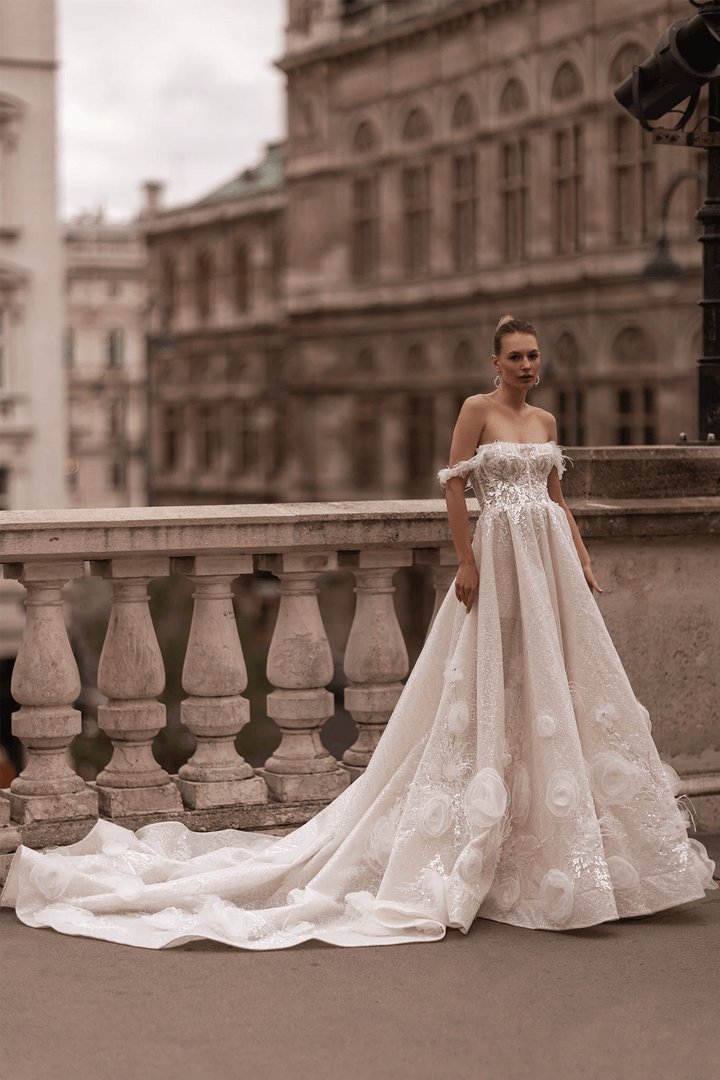 Off Shoulder Wedding Dress with Lace Sleeves – Elegant Wedding Dress with Embellishments and Chiffon Floral Hem Plus Size - WonderlandByLilian