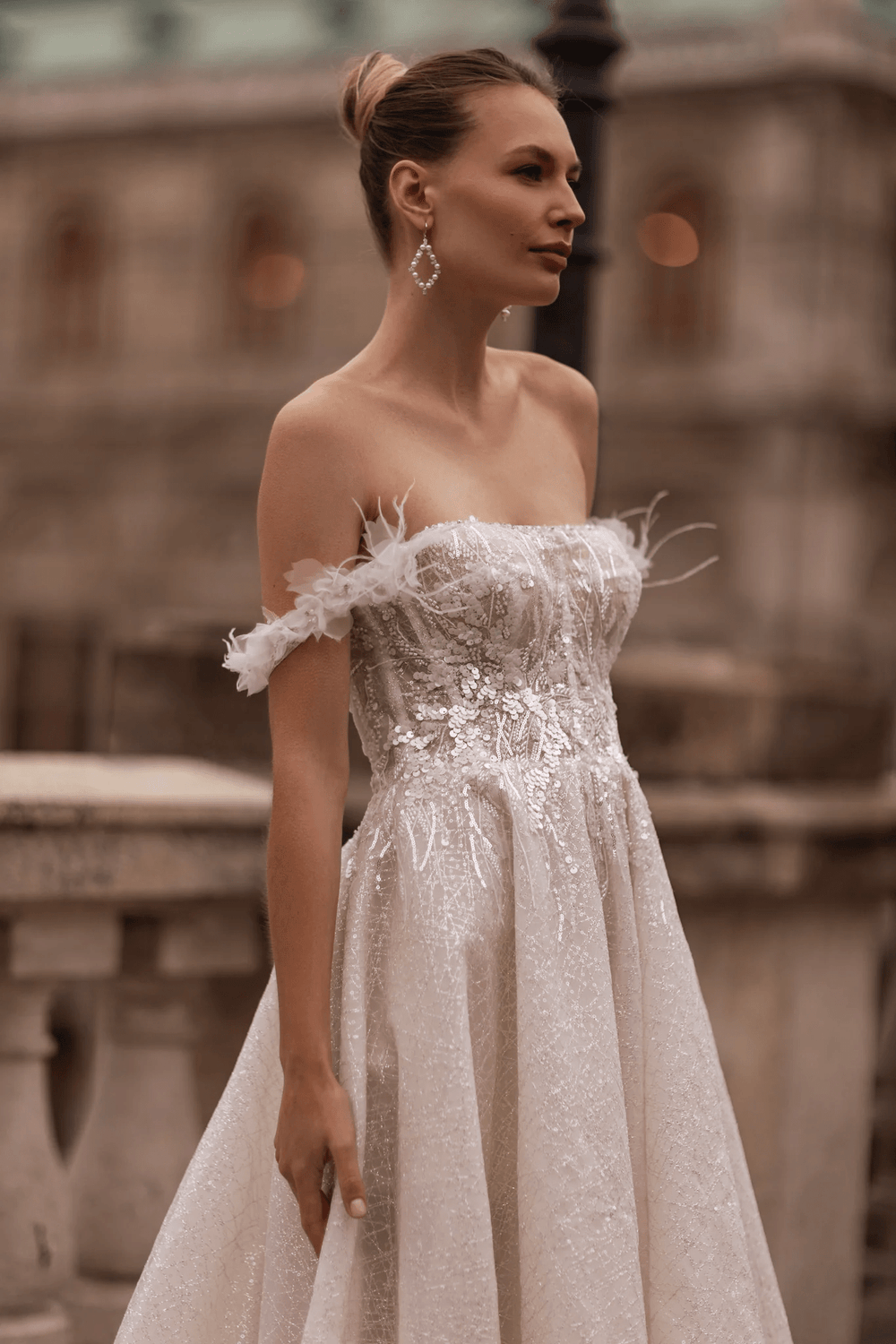 Off Shoulder Wedding Dress with Lace Sleeves – Elegant Wedding Dress with Embellishments and Chiffon Floral Hem Plus Size - WonderlandByLilian