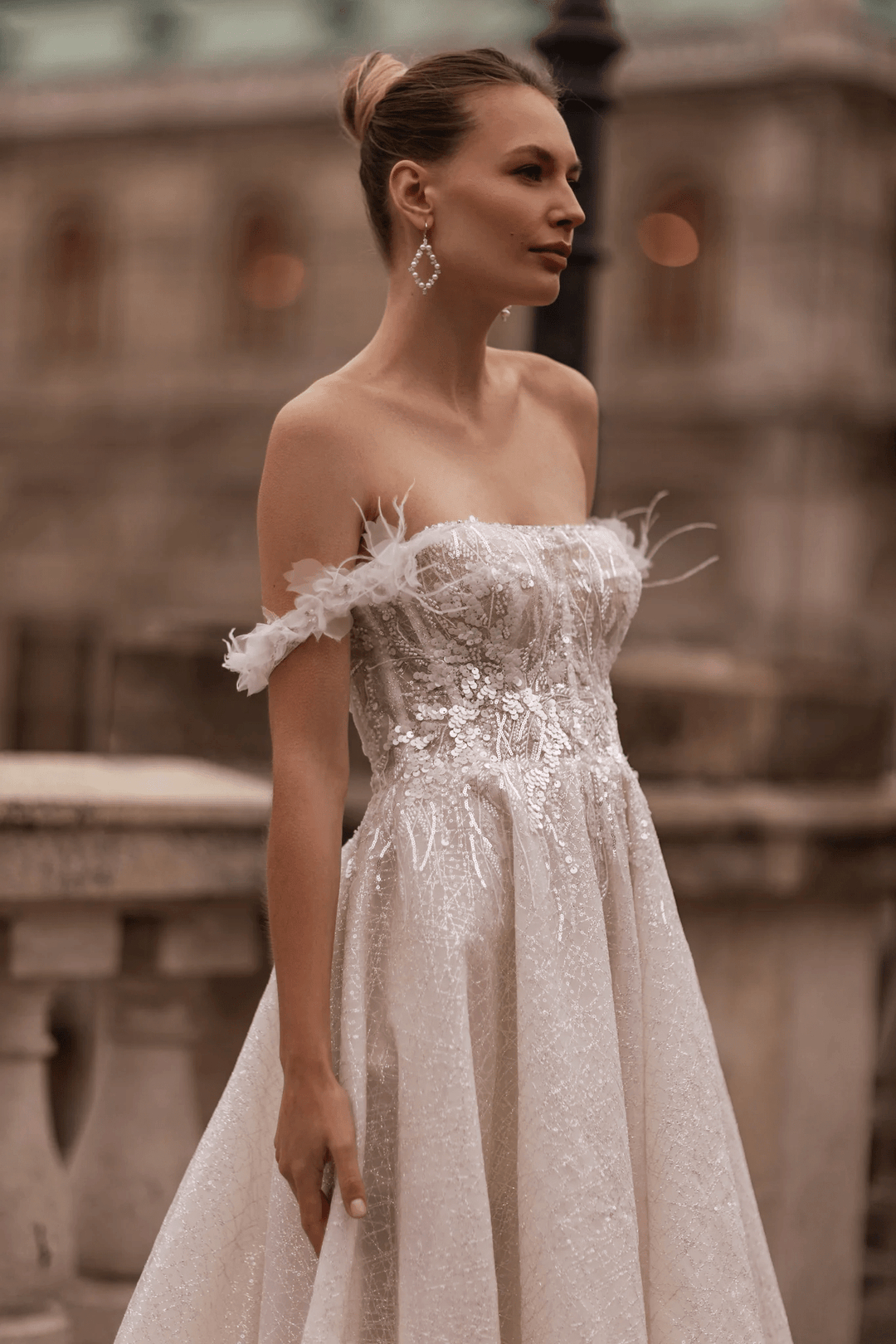 Off Shoulder Wedding Dress with Lace Sleeves – Elegant Wedding Dress with Embellishments and Chiffon Floral Hem Plus Size - WonderlandByLilian