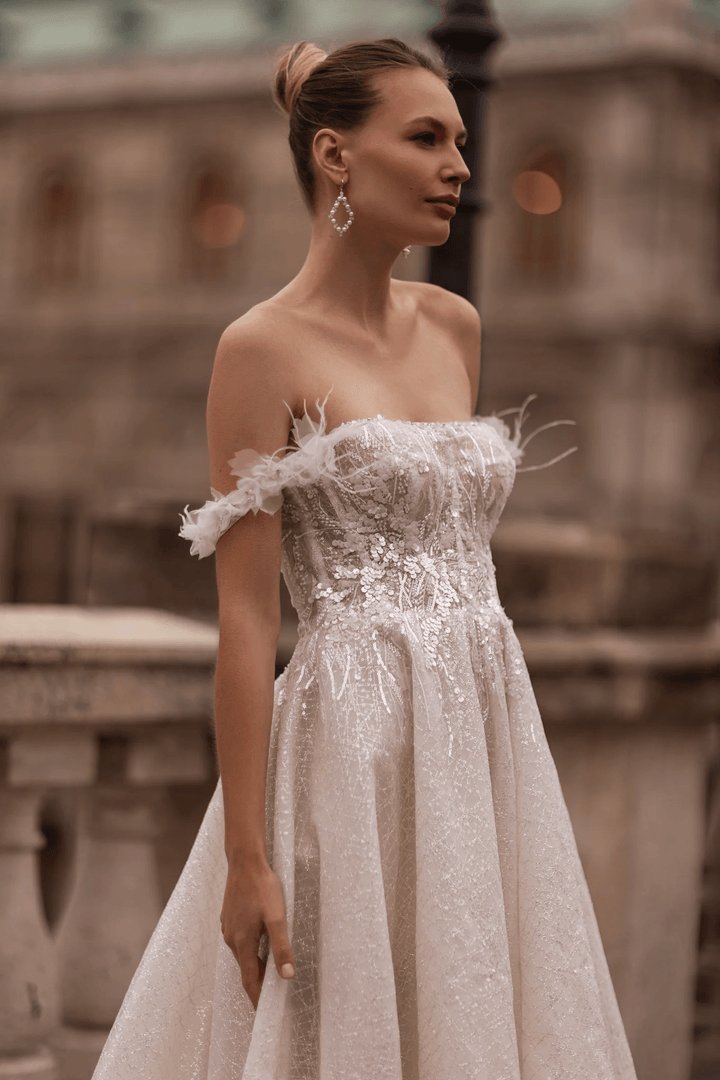 Off Shoulder Wedding Dress with Lace Sleeves – Elegant Wedding Dress with Embellishments and Chiffon Floral Hem Plus Size - WonderlandByLilian