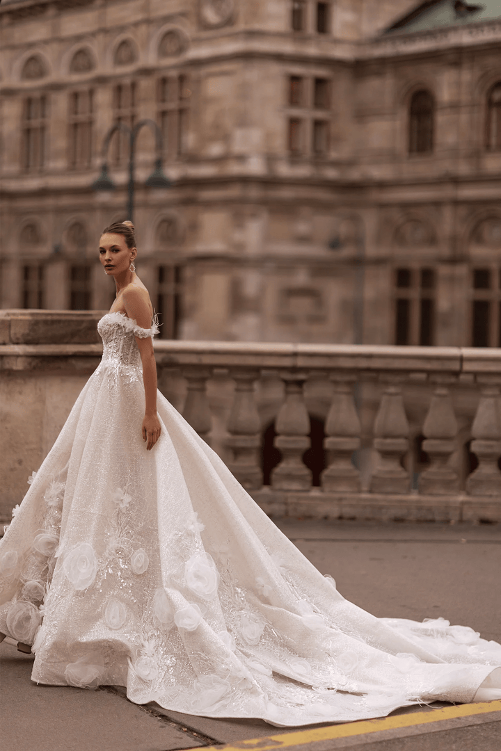 Off Shoulder Wedding Dress with Lace Sleeves – Elegant Wedding Dress with Embellishments and Chiffon Floral Hem Plus Size - WonderlandByLilian