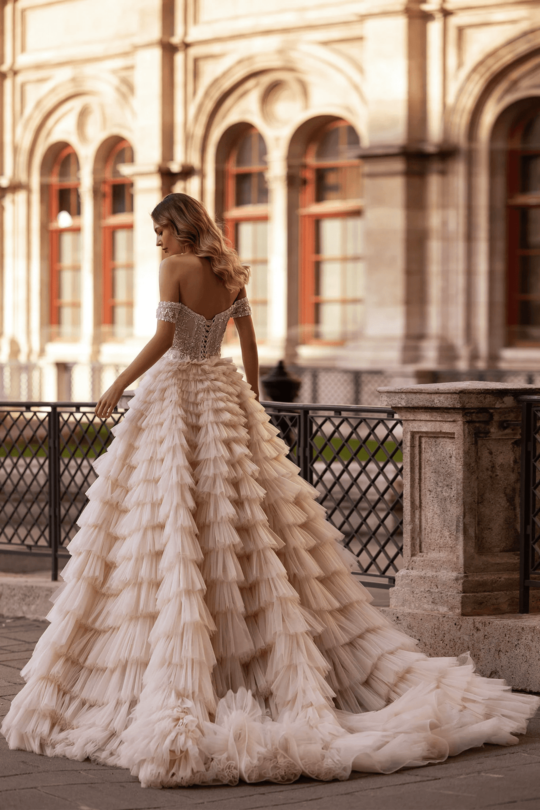 Off Shoulder Wedding Dress with Ruffled Tiered Skirt – Layered Tulle Ruffle Dress with Pearl Trim and Crisscross Back Plus Size - WonderlandByLilian