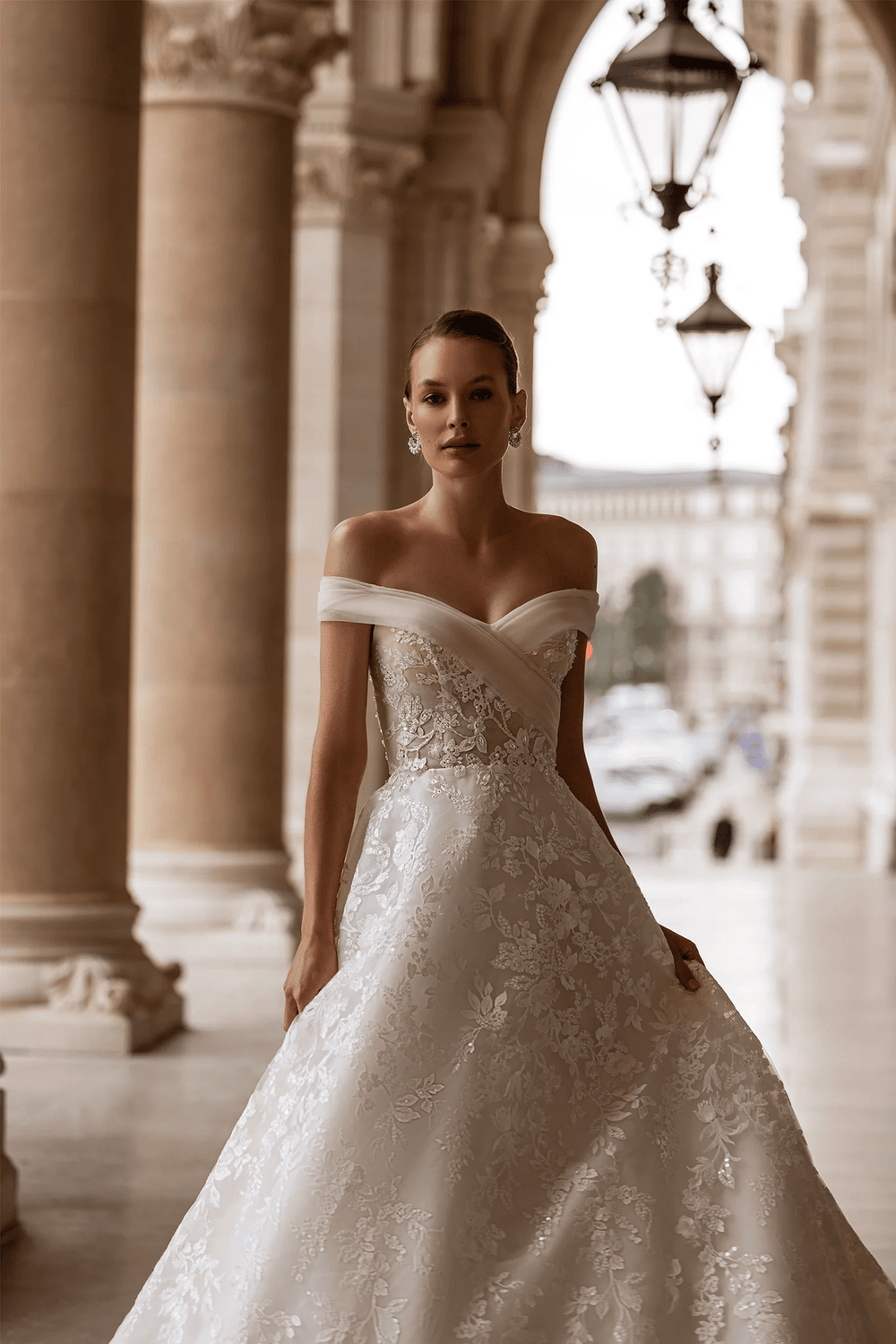 Off Shoulder Wedding Dress with Sweetheart Neckline – A - Line Bridal Gown with Floral Guipure and Pearl Accents Plus Size - WonderlandByLilian