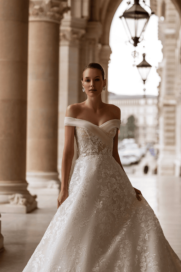 Off Shoulder Wedding Dress with Sweetheart Neckline – A - Line Bridal Gown with Floral Guipure and Pearl Accents Plus Size - WonderlandByLilian