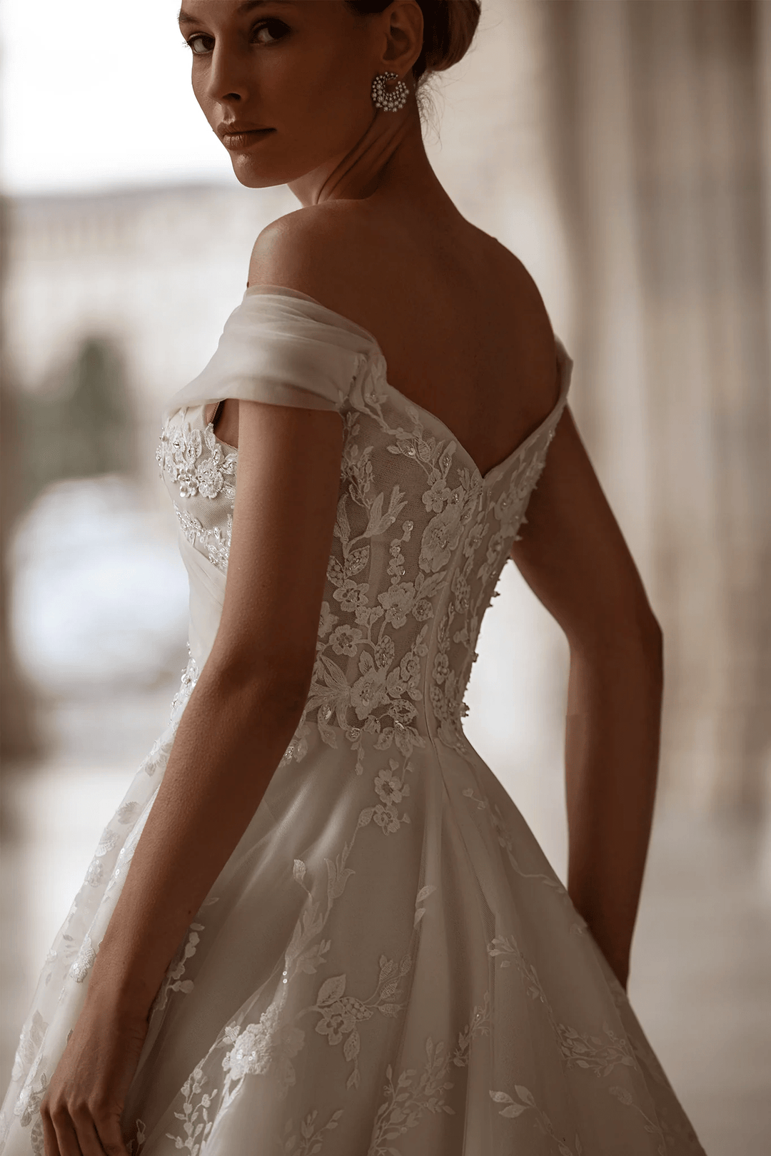 Off Shoulder Wedding Dress with Sweetheart Neckline – A - Line Bridal Gown with Floral Guipure and Pearl Accents Plus Size - WonderlandByLilian