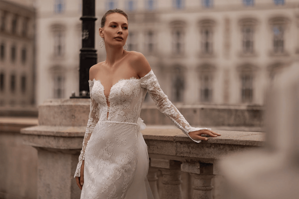 Off Shoulder Wedding Dress with Sweetheart Neckline – Straight Wedding Gown with Sheer Train and Floral Back Detail Plus Size - WonderlandByLilian