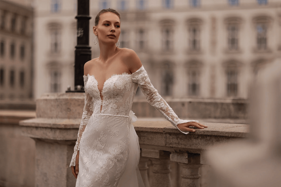 Off Shoulder Wedding Dress with Sweetheart Neckline – Straight Wedding Gown with Sheer Train and Floral Back Detail Plus Size - WonderlandByLilian