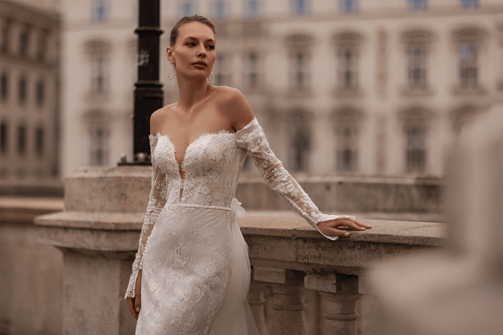Off Shoulder Wedding Dress with Sweetheart Neckline – Straight Wedding Gown with Sheer Train and Floral Back Detail Plus Size - WonderlandByLilian