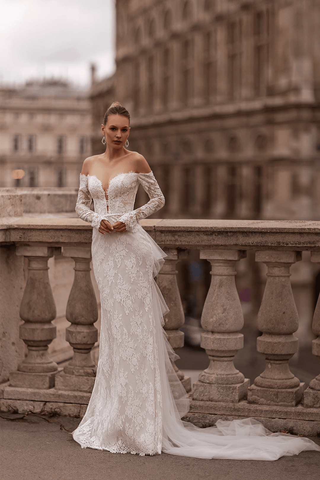 Off Shoulder Wedding Dress with Sweetheart Neckline – Straight Wedding Gown with Sheer Train and Floral Back Detail Plus Size - WonderlandByLilian