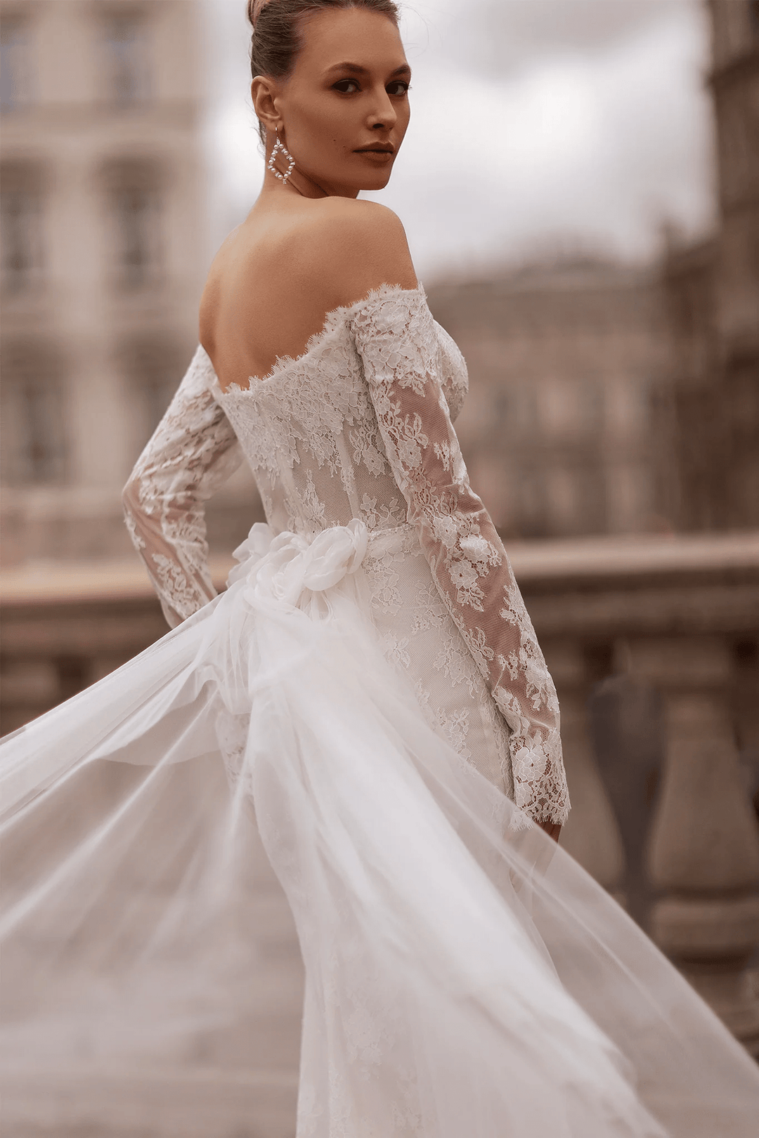 Off Shoulder Wedding Dress with Sweetheart Neckline – Straight Wedding Gown with Sheer Train and Floral Back Detail Plus Size - WonderlandByLilian