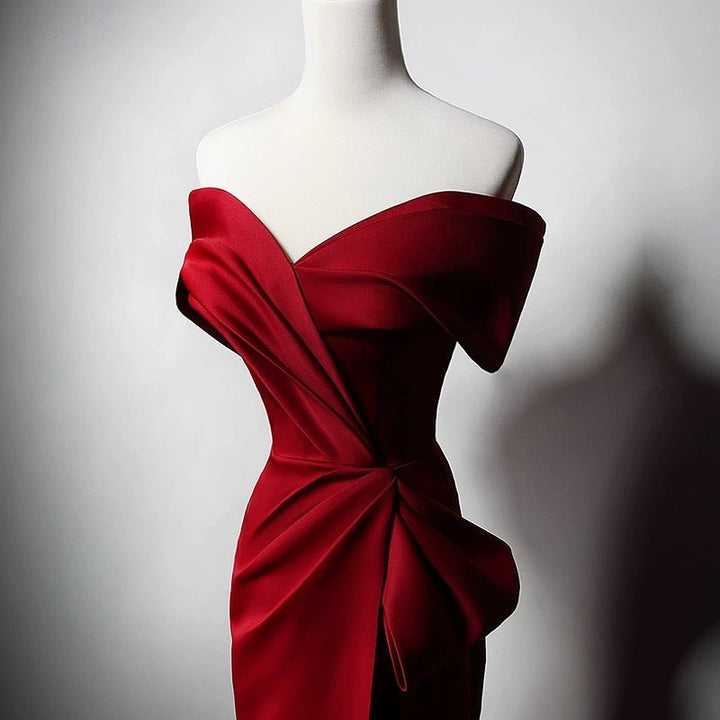 Off-the-Shoulder Red Satin Evening Dress with Bow Detail - Elegant Red Evening Gown Plus Size - WonderlandByLilian