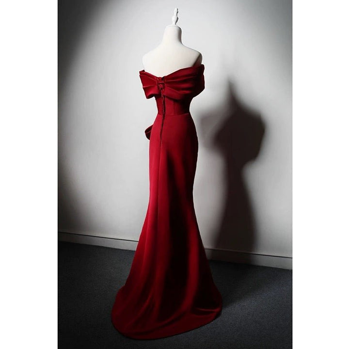 Off-the-Shoulder Red Satin Evening Dress with Bow Detail - Elegant Red Evening Gown Plus Size - WonderlandByLilian