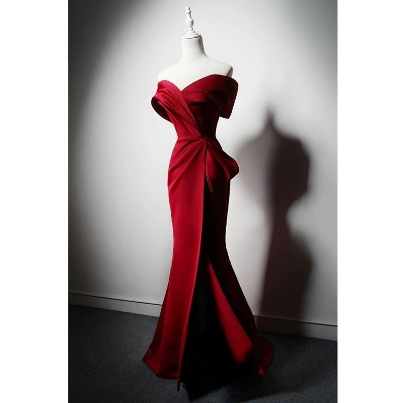 Off-the-Shoulder Red Satin Evening Dress with Bow Detail - Elegant Red Evening Gown Plus Size - WonderlandByLilian