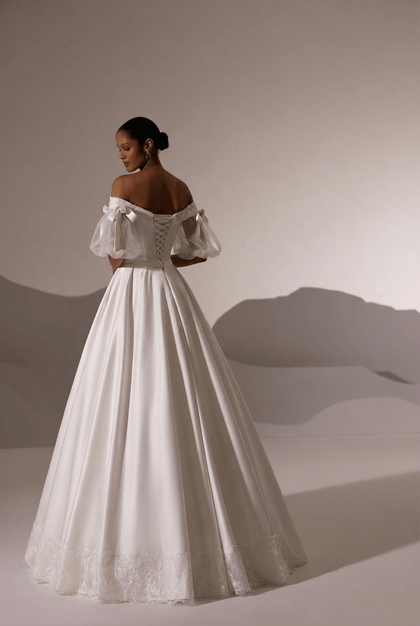 vintage puff sleeve wedding dress Off the Shoulder Wedding Dress with Puff Sleeves – Vintage Satin Weddi –  WonderlandByLilian