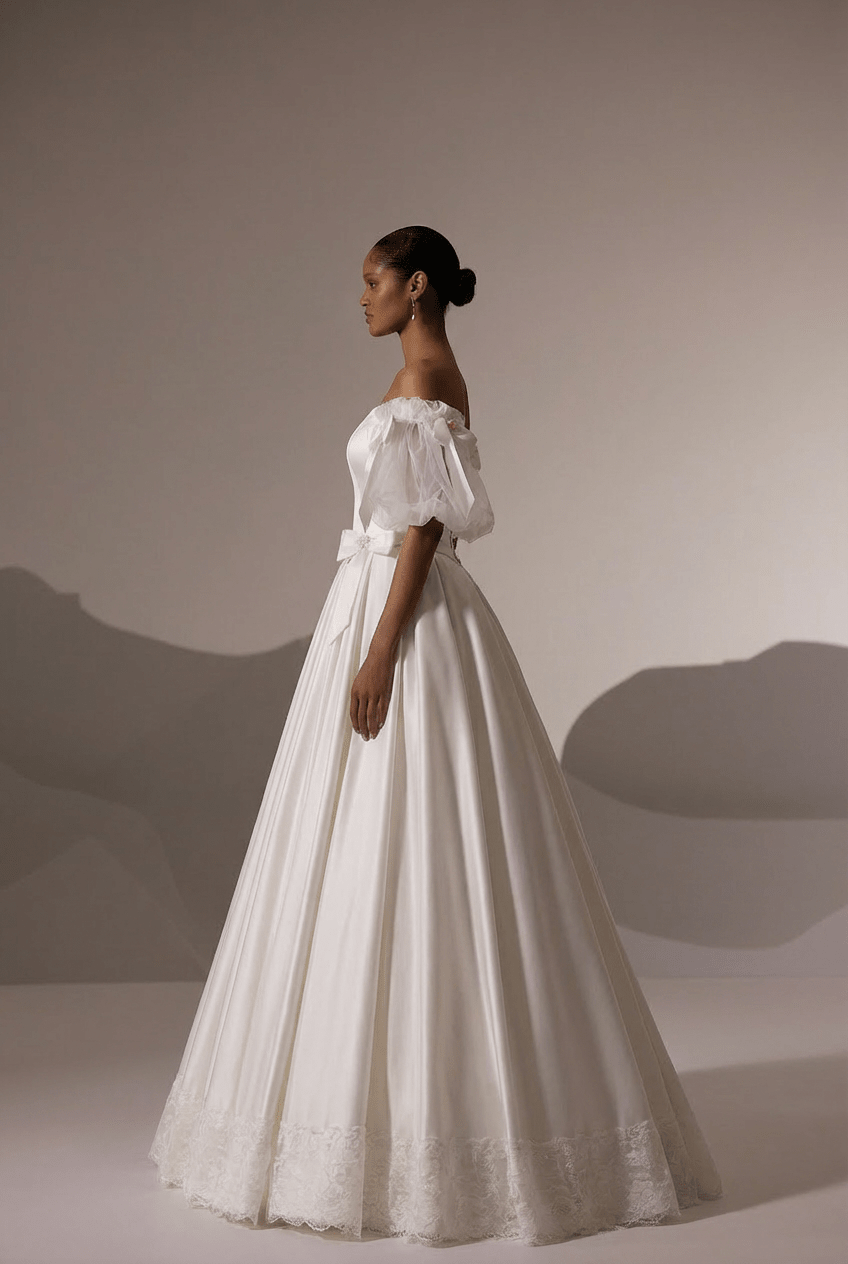 Off the Shoulder Wedding Dress with Puff Sleeves – Vintage Satin Wedding Gown with Lace Trim and Corset Back Plus Size - WonderlandByLilian