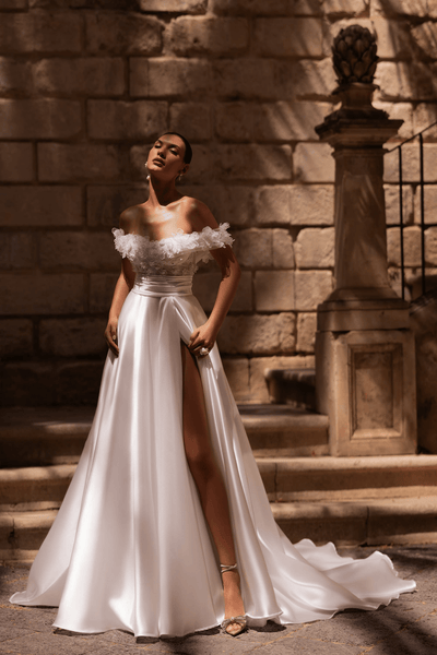Off the Shoulder Wedding Dress with Wide Belt - Satin Wedding Dress with Slit Plus Size - WonderlandByLilian