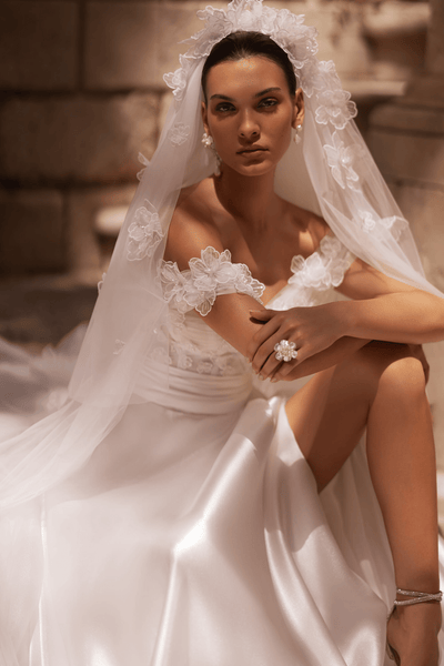 Off the Shoulder Wedding Dress with Wide Belt - Satin Wedding Dress with Slit Plus Size - WonderlandByLilian