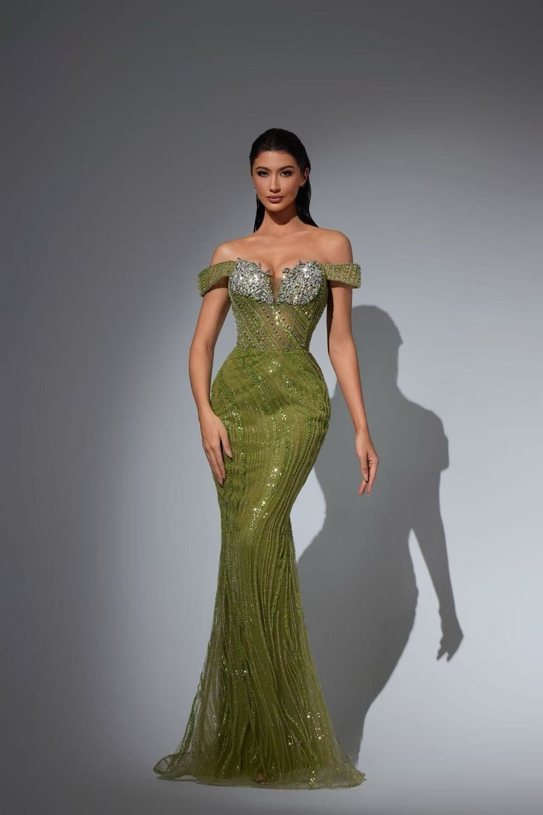 Olive Green Dress for Wedding Guest with Lace Bodice – Sequins Evening Gown Plus Size - WonderlandByLilian
