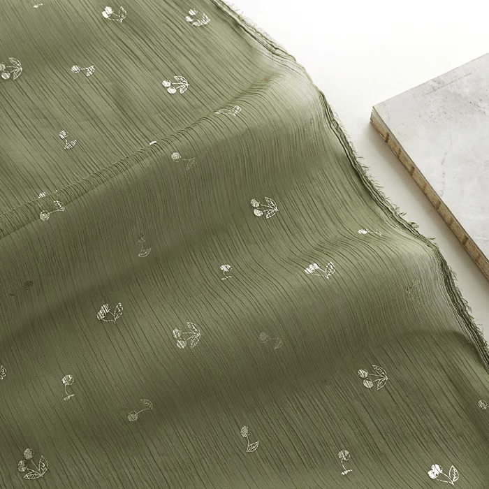 Olive Green Embroidered Chiffon Fabric - WonderlandByLilian