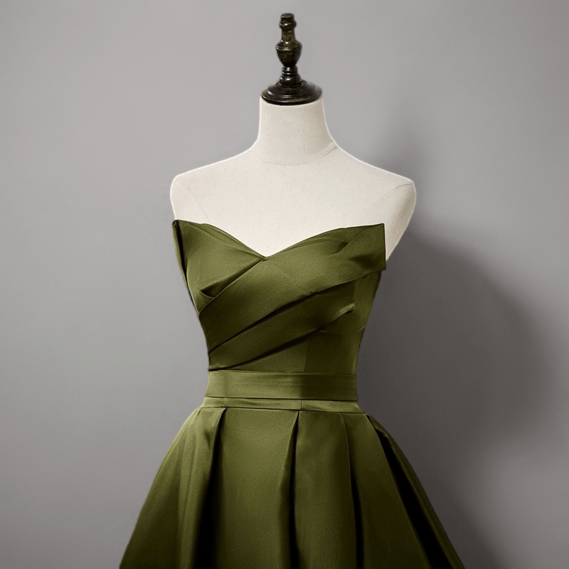 Olive Green Evening Dress with Waist Tie - Satin Strapless Wedding Dress Plus Size - WonderlandByLilian