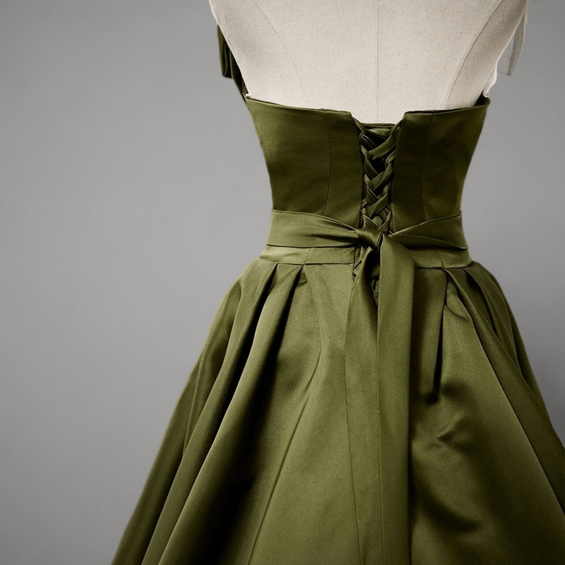 Olive Green Evening Dress with Waist Tie - Satin Strapless Wedding Dress Plus Size Size 2 / Teal Green Olive Green Evening Dress with Waist Tie - Satin Strapless Wedding Dress Plus Size Size 2 / Teal Green