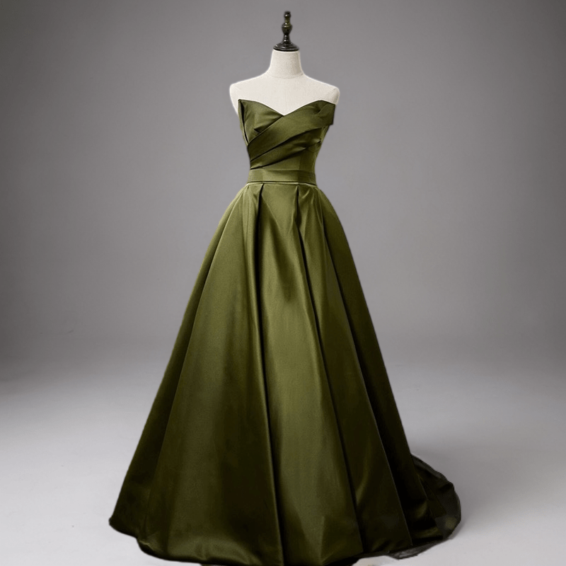 Olive Green Evening Dress with Waist Tie - Satin Strapless Wedding Dress Plus Size - WonderlandByLilian