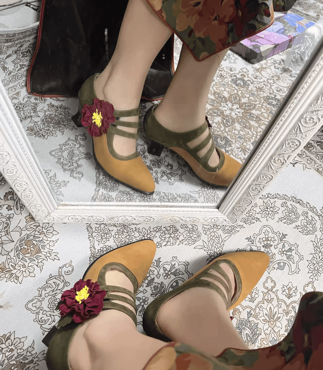 "Olive Reverie" – Handmade Vintage Floral Mary Jane Heels - WonderlandByLilian
