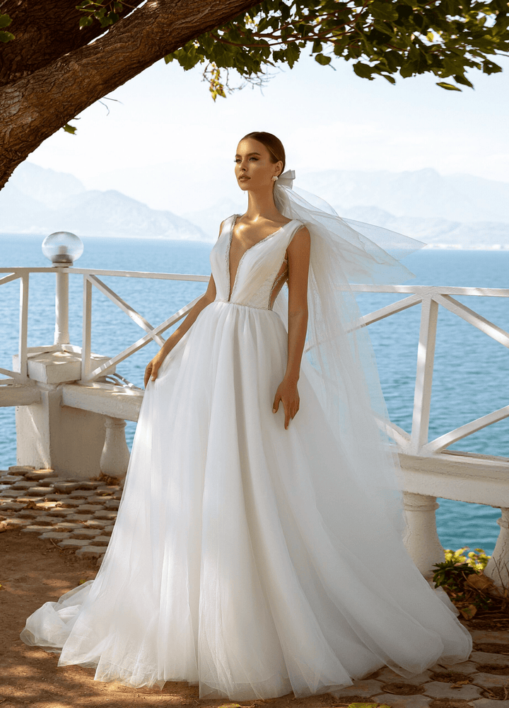 Open Back Wedding Dress - Aline Ball Gown Wedding Dress - Sleeveless Ball Gown Wedding Dress with Deep V - Neck Plus Size - WonderlandByLilian