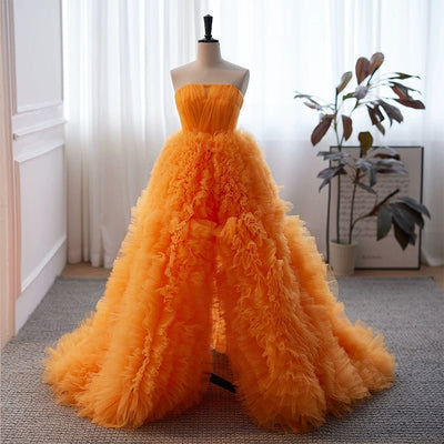 Orange Layered Tulle Ruffle Dress with Corset - Orange Convertible Tiered Tulle Ball Gown with Slit Plus Size - WonderlandByLilian