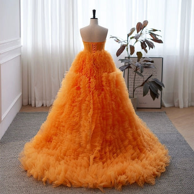 Orange Layered Tulle Ruffle Dress with Corset - Orange Convertible Tiered Tulle Ball Gown with Slit Plus Size - WonderlandByLilian