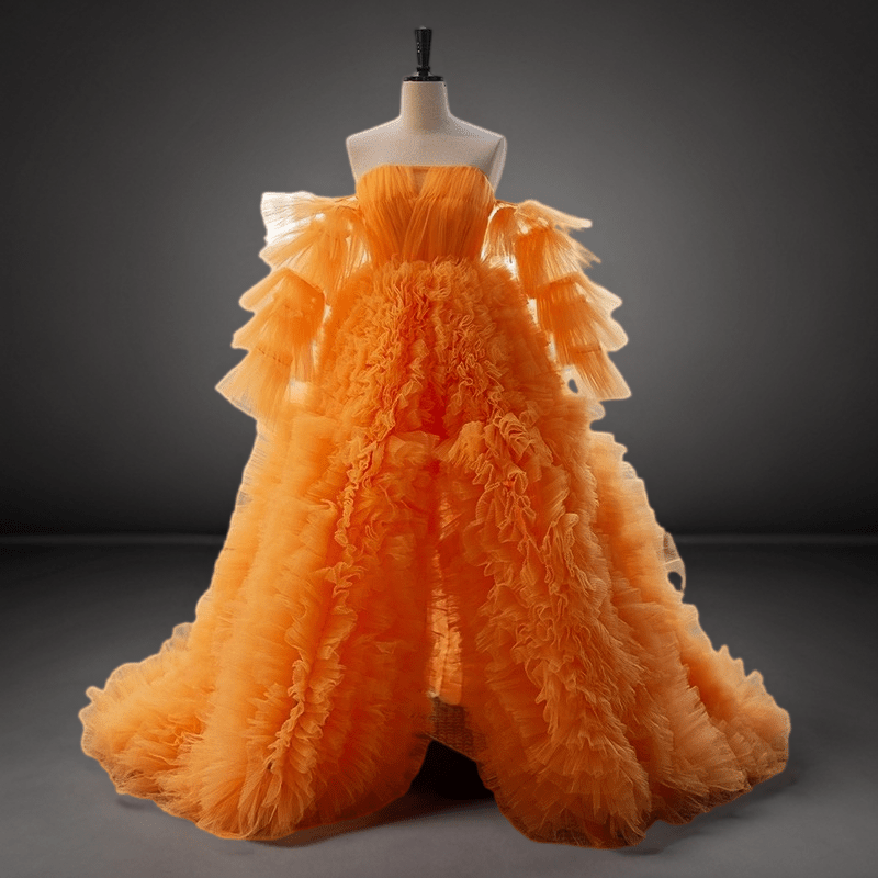 Orange Layered Tulle Ruffle Dress with Corset - Orange Convertible Tiered Tulle Ball Gown with Slit Plus Size - WonderlandByLilian