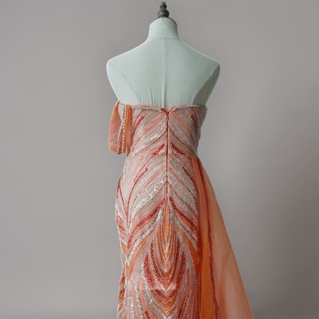 Orange One - Shoulder Sequin Evening Gown with Tulle Train - Sparkly Maxi Dress with Beaded Detail Plus Size - WonderlandByLilian